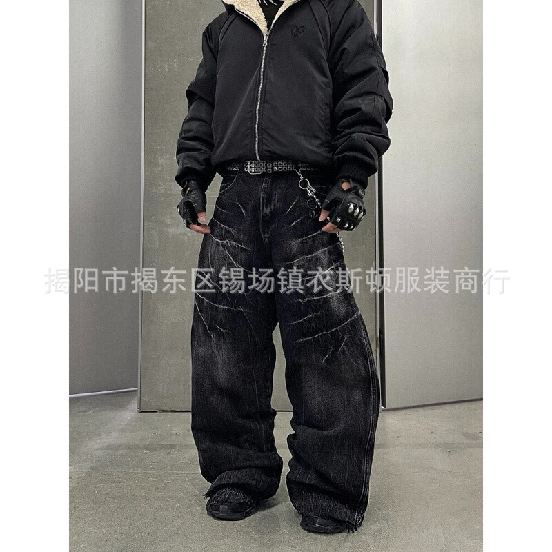黑色水洗多口袋牛仔裤女胖mm大码夏季高腰宽松直筒裤阔腿工装裤子|undefined