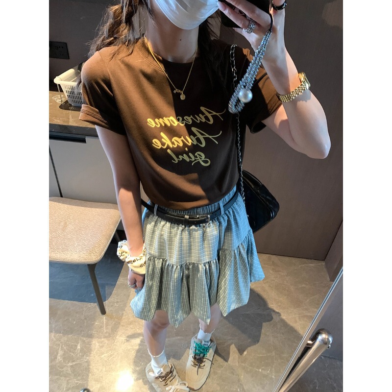 Mochu Blogger's Favorite Style Korean-Style Ins-Style Letter Print Round Neck Slim-Fit Short-Sleeve T-Shirt Mq1249
