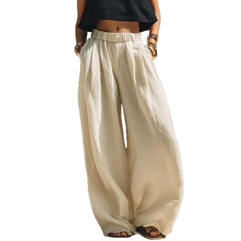 Women's Linen-Like Wide-Leg Pants With Elastic Waist - Comfortable Casual Pull-On Trousers For Summer_ecoleips.com