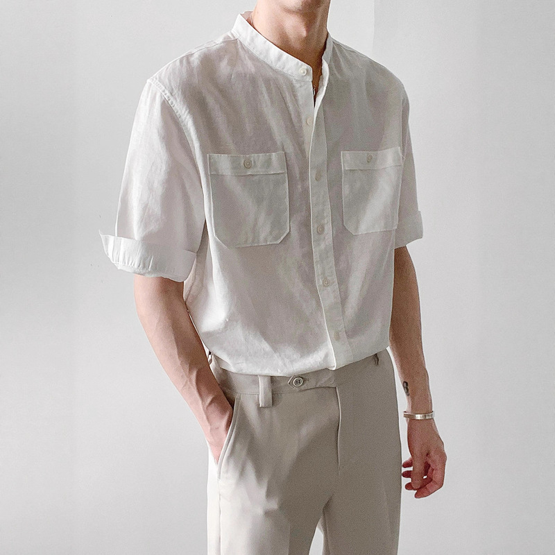 Autumn Cotton and Linen Stand-Up Collar Loose Mid-Sleeve Shirt Men's Japanese Casual Breathable Top Korean Style Versatile Shirt