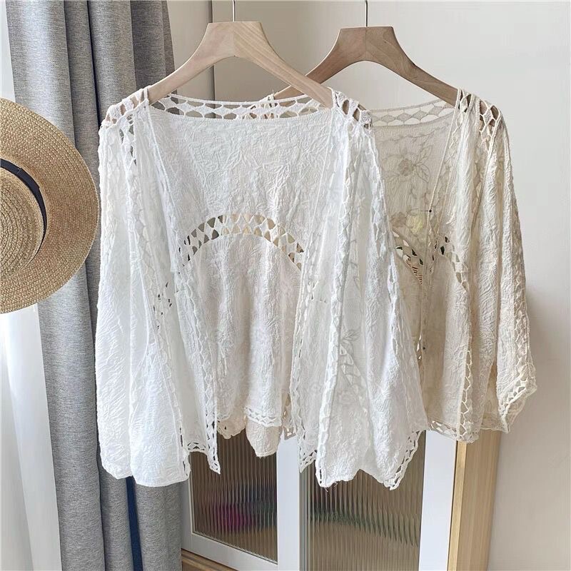 Cross-border exclusive for Europe and the United States summer explosions cardigan women's coat lace crochet beach sunscreen seven-point sleeve Cross-border exclusive for Europe and the United States summer explosions cardigan women's coat lace crochet beach sunscreen seven-point sleeve