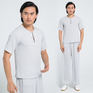 2023 New Summer Short-Sleeved Suit Men's Casual Linen Button Collar Martial Arts Practice Tai Chi Suit Men's Wholesale