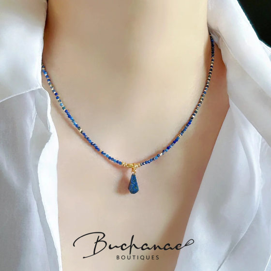 [Luncheon] natural lapis lazulite beaded necklace women's summer color dopamine stacked clavicle necklace pendant