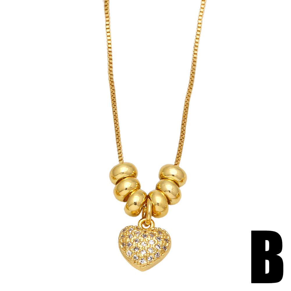 Fashion round Beads Womenu0027s Diamond-Embedded Heart Letter Love Pendant Zircon Copper Necklace