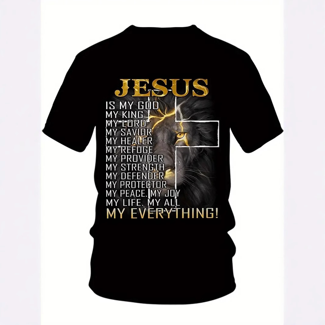 Lightning Lion Pascua Jesús Lema 3D Impreso Moda de verano para hombres Camiseta suelta transpirable de manga corta con cuello redondo