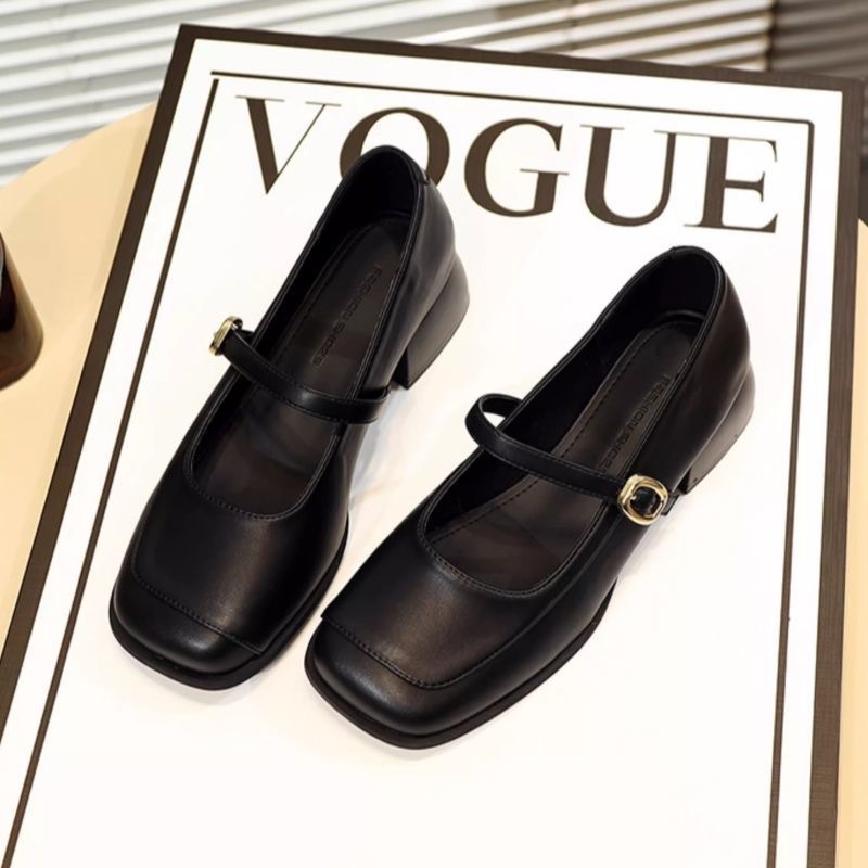 Comfortable Soft Leather French-Style Mary Jane Shoes for Women, Spring and Autumn, Chunky Heel, Retro Style, Mid-Heel, Small Leather Shoes, Square-Toed Single Shoes