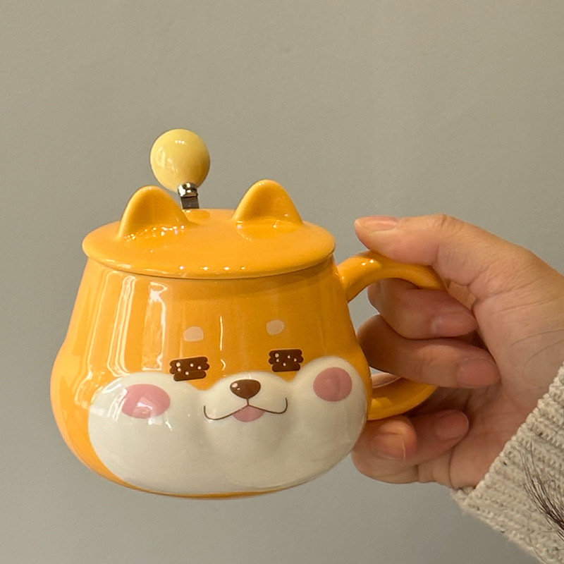 2024 Taza Shiba Inu creativa y linda con tapa, cuchara, taza de cerámica para el hogar de alto valor, taza de agua para parejas, regalo de mano