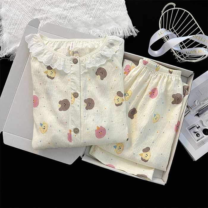 Red de celebridades de la red nuevo estilo nube algodón lindo oso traje pijamas mujeres otoño rebeca de manga larga cuello redondo ropa de hogar de encaje casual