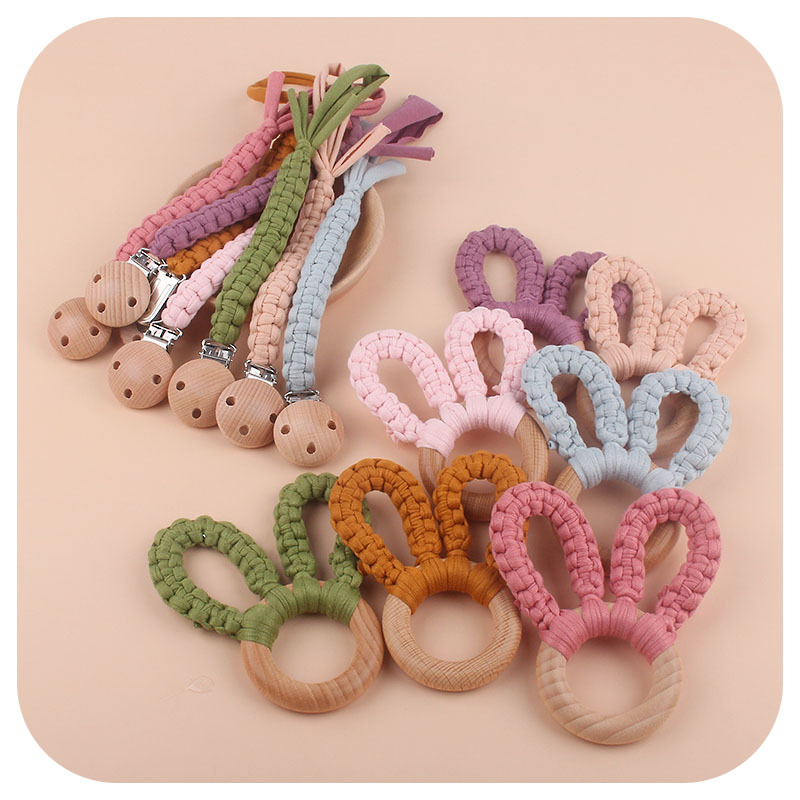 DIY bebé creativo Beech anillo mordedor pulsera juguete hecho a mano de algodón tejido orejas conejo dientes molienda palo