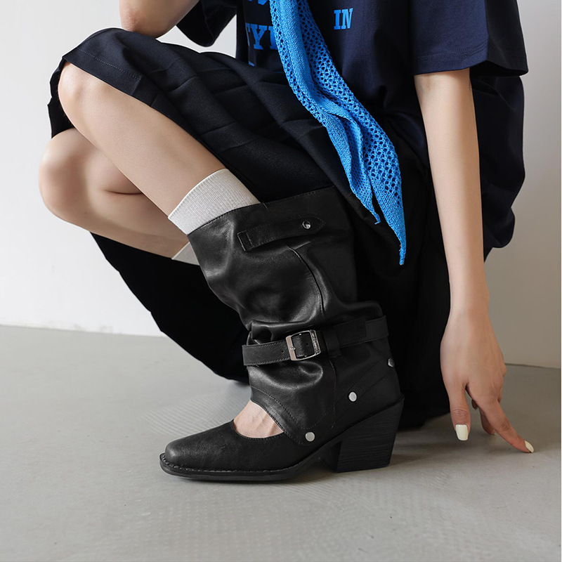 [in Stock] Two-Way Wear Detachable Boot Shaft Boots 2026 New Style Chunky Heel Short Boots Square Toe High Heel Sandal Boots Stacked Boots