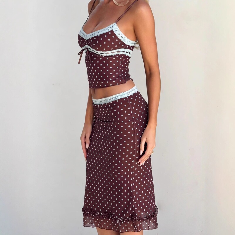 Printed mesh midi skirt with brown and blue polka dot print, contrasted with lace trim and ruffled hem Printed mesh midi skirt with brown and blue polka dot print, contrasted with lace trim and ruffled hem