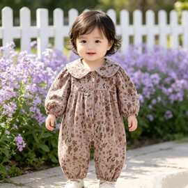 法式复古碎花连体服春秋女宝宝娃娃领长袖哈衣温柔翻领外出服