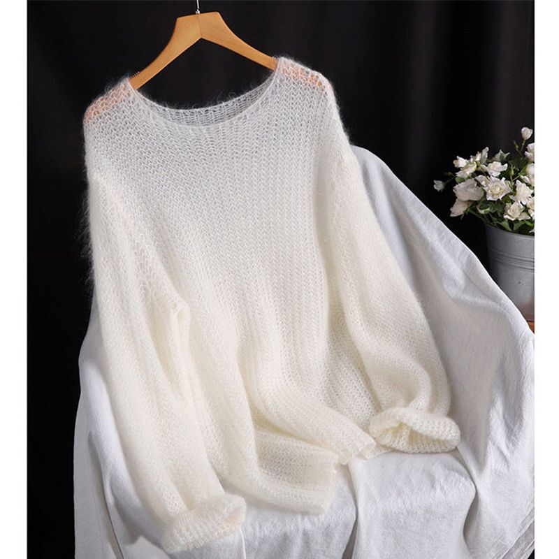 White Mohair Soft Waxy Knitwear for Women in Spring and Autum Loose Lazy Cut Out Pullover Knitwear Thin Blouse Top