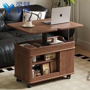 Solid wood trolley movable side table sofa side cabinet lift storage multifunctional tea table table tea table table