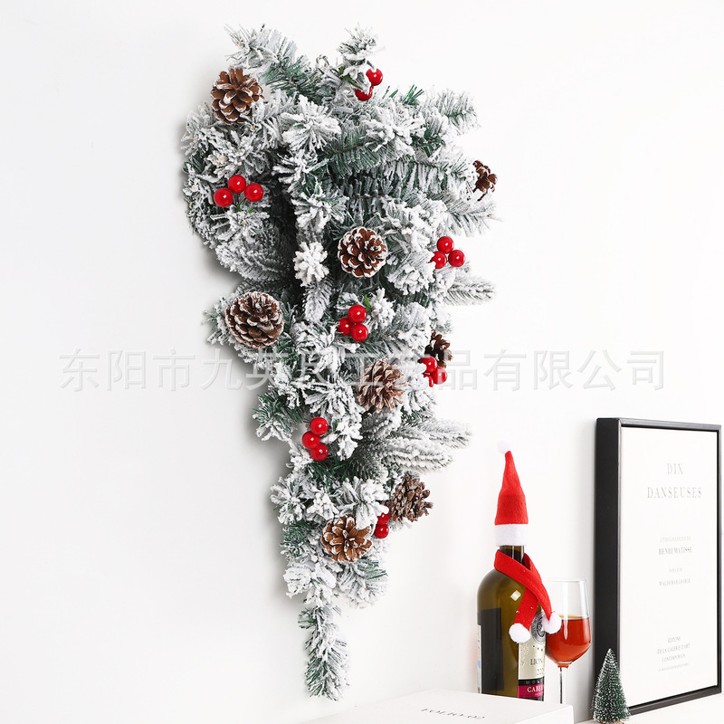 2025年新作クロスボーダー松ぼっくり赤い果実逆さまクリスマスツリー降雪植毛クリスマス屋内雪景色雰囲気作りツリー|undefined