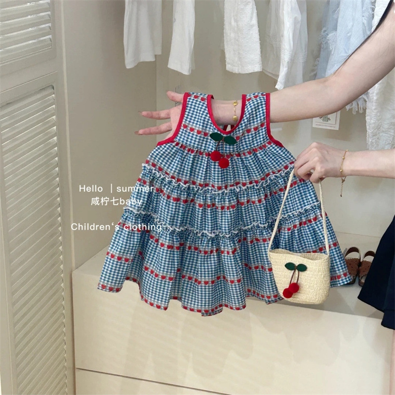 Xianning siete ropa para niños verano nuevo estilo niña dulce azul a cuadros vestido sin mangas falda chaleco de cereza de bebé femenino