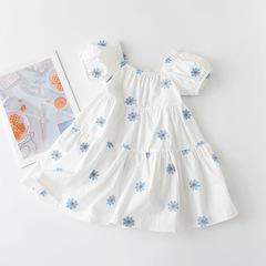 New Summer White Daisies Print Dress for Girls, Toddler Lantern Sleeve Cotton A-line Skirt