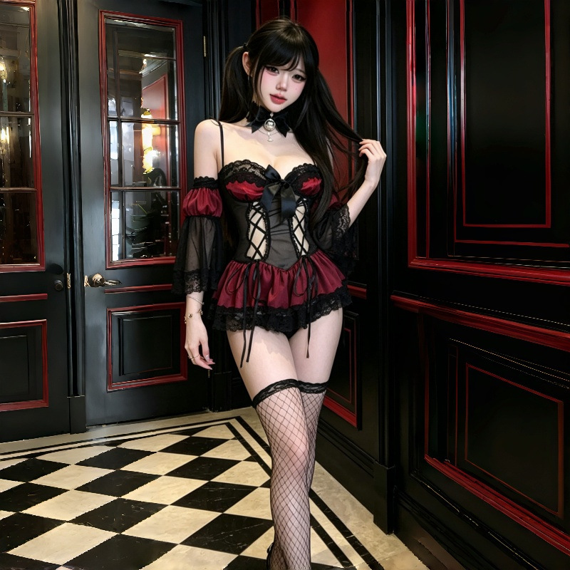 Dark Halloween Cos Witch Low-Cut Jumpsuit, Abstinent-Style Succubus Lace Patchwork Strappy Jumpsuit Set