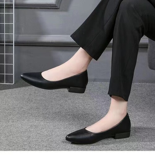 Women's New Black Summer Professional Work Shoes with Pointed Toe, Thick Heel, Leather Shoes, Soft Leather, Soft Sole, Single Shoe