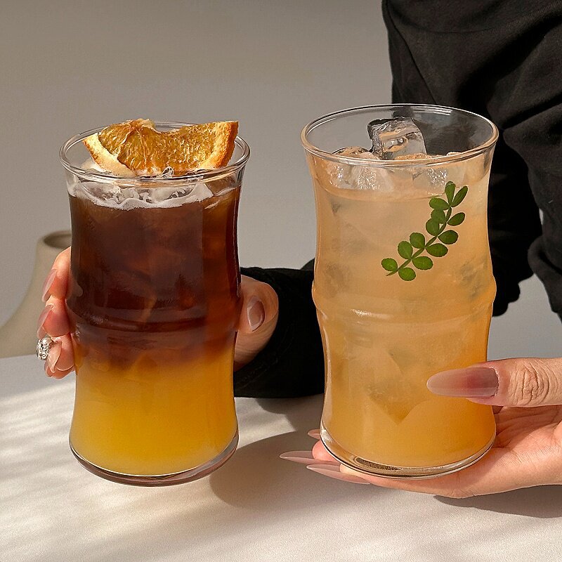 Simple Waist-Cinched Bamboo-Patterned Glass Drink Cup, Large Capacity, Heat-Resistant, Suitable for Home Use, Bubble Water, Milk Tea, Coffee Shop Special Blend Cup