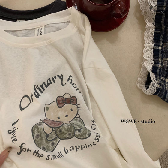 Sena Korean-style Printed All-match Cartoon Age-reducing Long-sleeved Laid-back Style All-match Casual T-shirt Styish Top