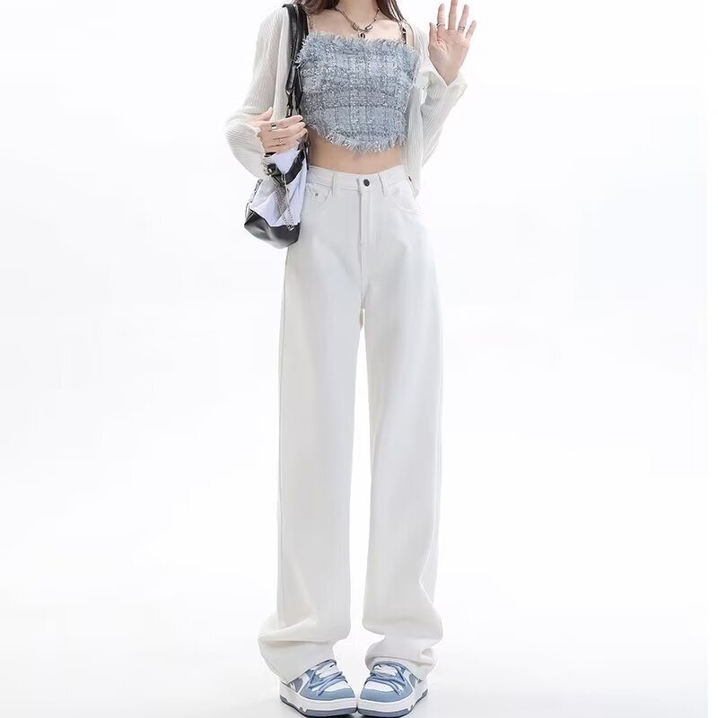 2025 spring and summer new white loose wide leg straight tube high waist floor jeans women's pants manufacturers wholesale cotton
