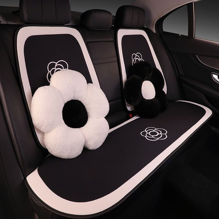 汽车坐垫四季通用山茶花女神款夏季2025新款小香风棉麻座垫三件套