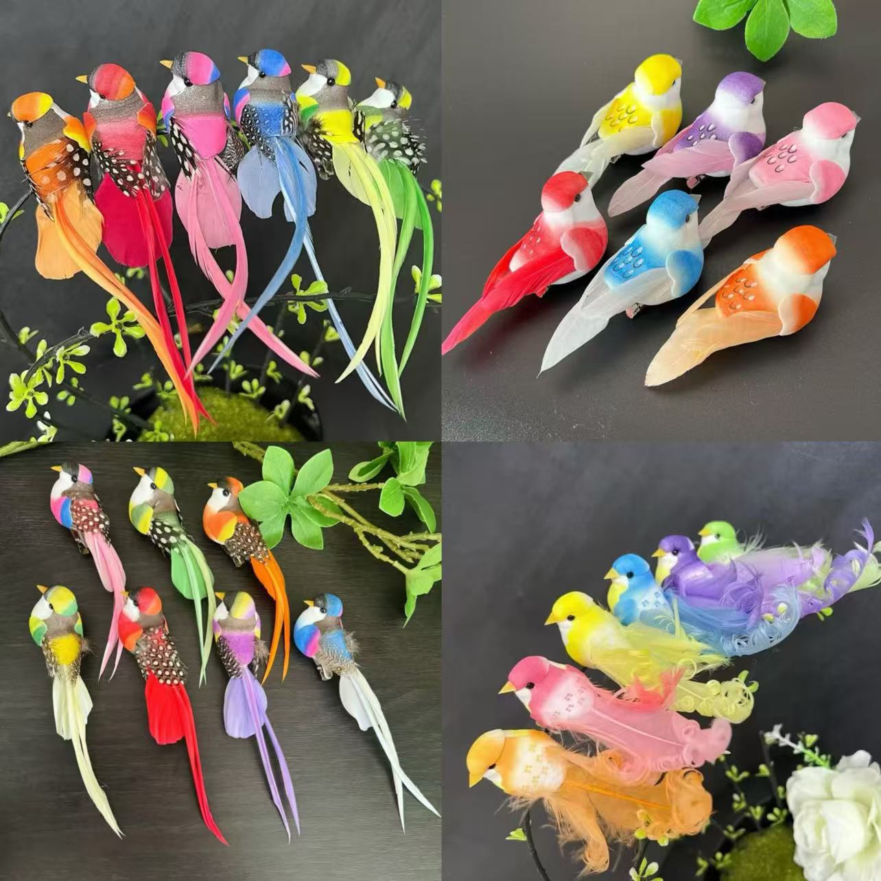 Simulated feather bird set colorful bird foam bird green plant…