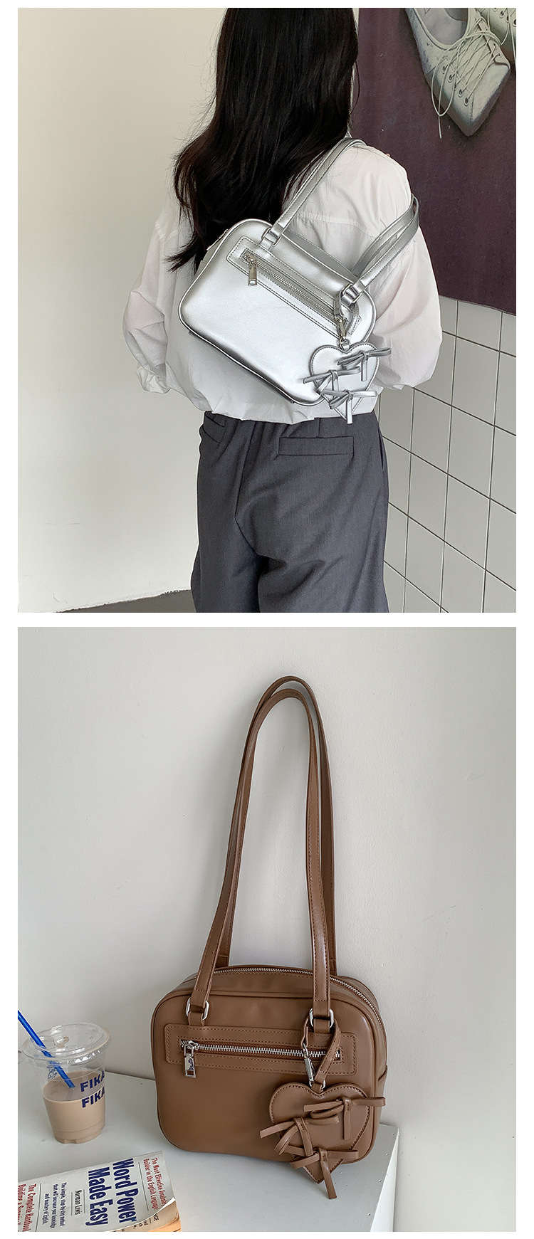 Typed shoulder for girls with a high-end feel, Korean version new small square bag, simple bow, heart-shaped decoration,_voghion.com
