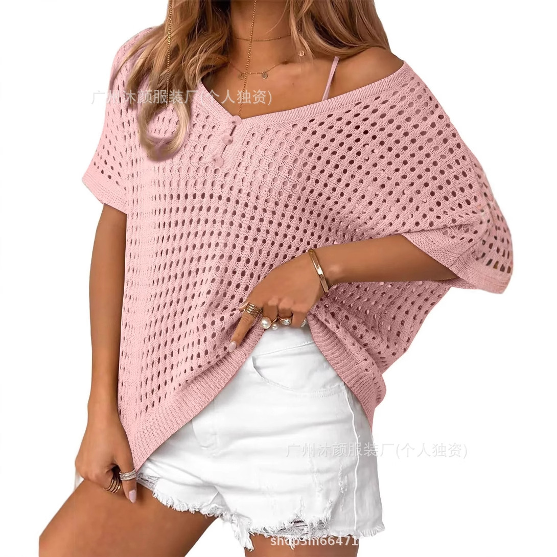 Cross-Border 2025 Amazon New European and American Women's Tops T-Shirt Cut Out Outer Long-Sleeved Blouse Loose V Neck Knitwear