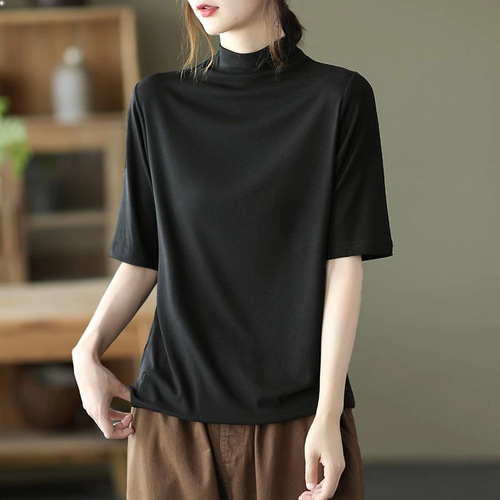 Women's Semi-High Collar Short-Sleeve T-Shirt 2025 Summer Plus Size Slimming Five-Sleeve Casual Inner Layer Base Top