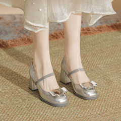 蘇茵茵升級版~銀色粗跟高跟單鞋女法式蝴蝶結方頭高跟瑪麗珍單鞋