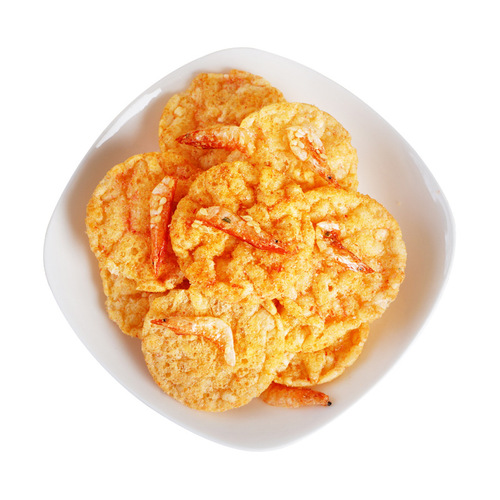 Factory-direct spicy cherry blossom shrimp rice crackers—non-fried, crunchy cereal-style snack, perfect for casual online trends and available for wholesale from the manufacturer.