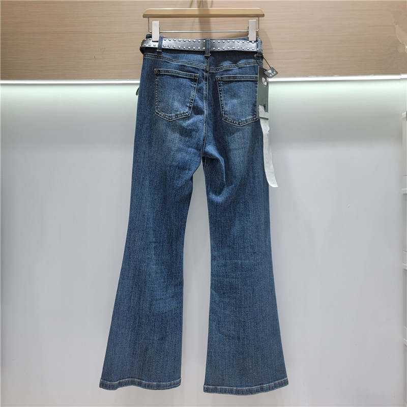Jeans Acampanados para Mujer de Mezclilla de Cintura Alta con Pedrería y Calado para Uso Casual image 2