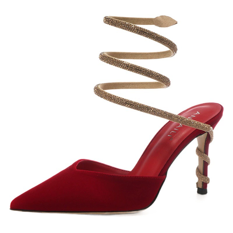 Босоножки с закрытым носком женские летние европейские и американские сексуальные атласные свадебные туфли на высоком каблуке со стразами и острым носком в форме змеи