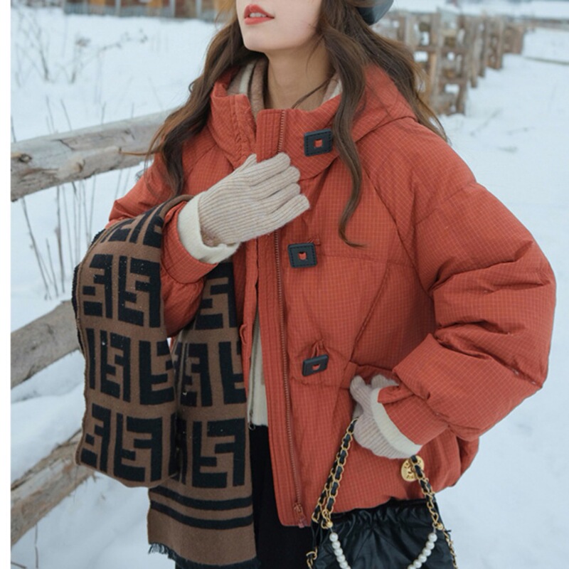 Hooded Horn Button down Jacket for Women, Autumn and Winter New Loose Waffle Short Cotton Coat, Thickened Petite Cotton Jacket