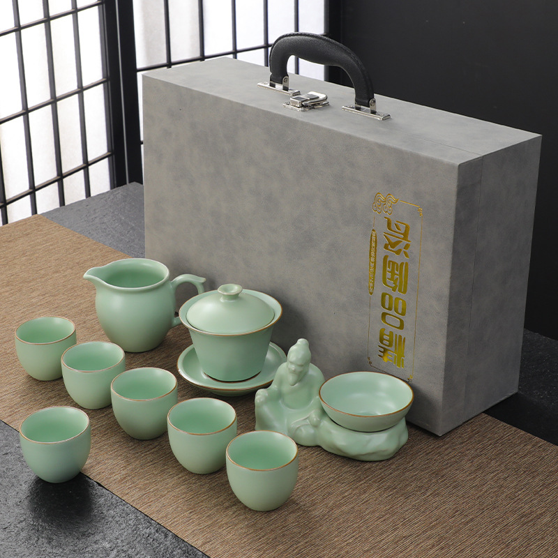 Ruyao Kungfu Tea Set with Crackle Glaze, Family-Friendly Ceramic Teapot Set, Tea Infuser, Business Gift