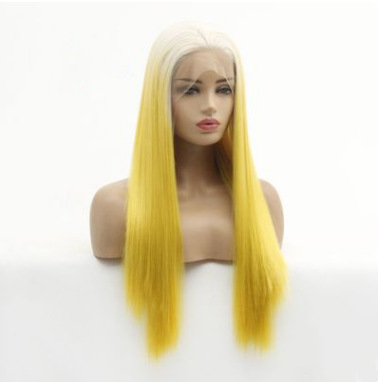 Europa y América de moda damas mitad gancho de mano frente encaje sombrero de color amarillo largo cabello recto peluca fábrica al por mayor LW0171