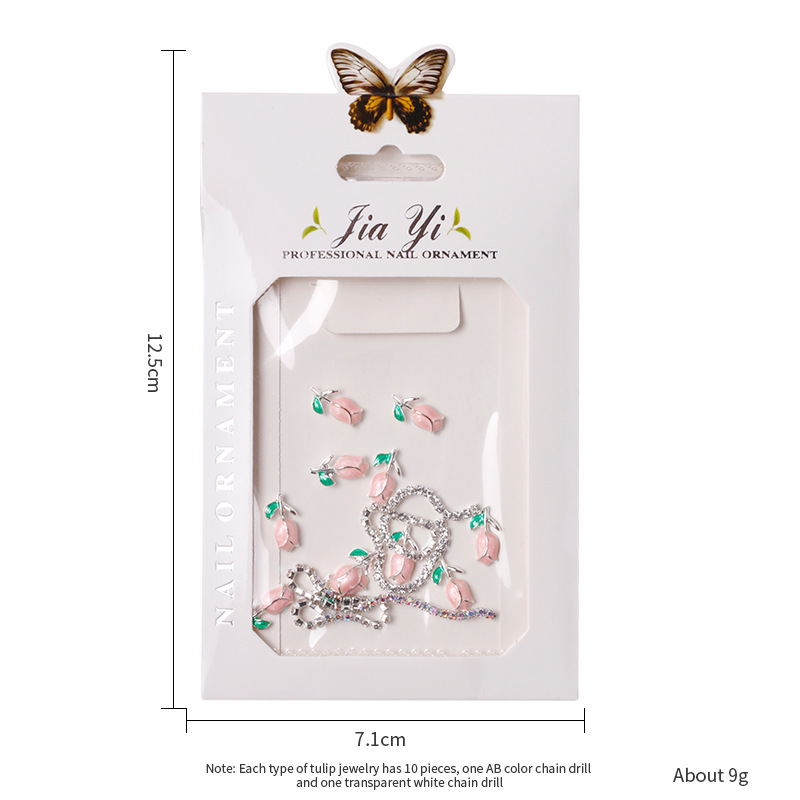 Nueva luz estilo de lujo manicura tulipán joyería metal textura cadena neto rojo uñas flor joyería diamante tarjeta