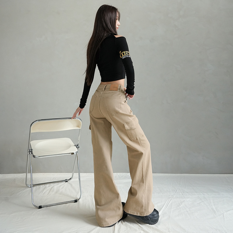 卡其色大口袋工装牛仔裤女2025新款秋冬季宽松拖地休闲弹力喇叭裤|undefined