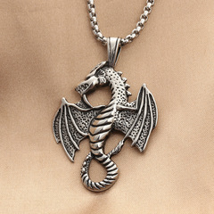 歐美飾品鈦鋼惡龍吊墜個性朋克復古潮男不鏽鋼火焰龍項墜190446