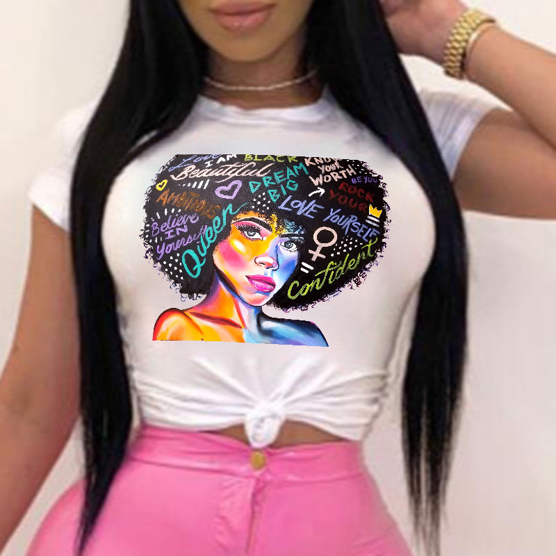欧美女装字母个性人头印花创意圆领短袖T恤