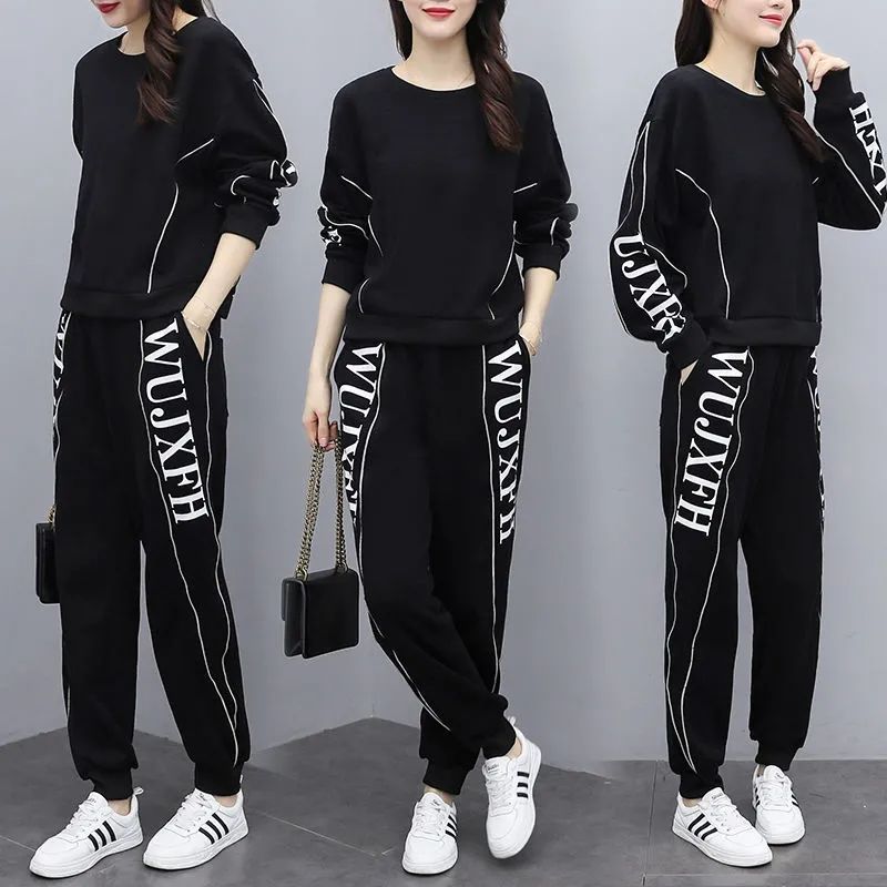 Cross-Border Plus Size Women's Casual Sports Fashion Suit Women's Autumn and Winter Export Style Loose Sweatshirt Harem Pants Two-Piece Set