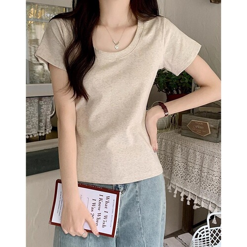 Summer short-sleeved T-shirt for women's front shoulder simple basic style water droplet u neck niche design slim and slim versatile top