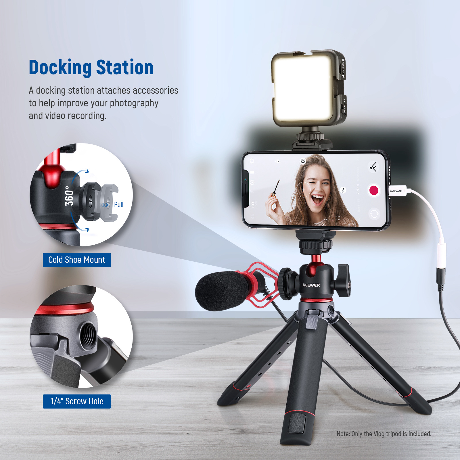 Table tubing, handheld mobile phone, camera, tripod, corner frame