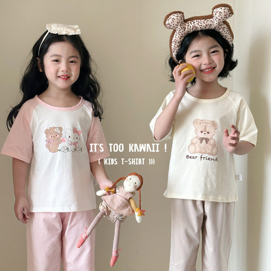 Children's Pajamas T-shirt Class A Girls Comfortable Breathable Ice Porcelain Cotton Small Impression Simple Children's Home Clothes Short Sleeve suit