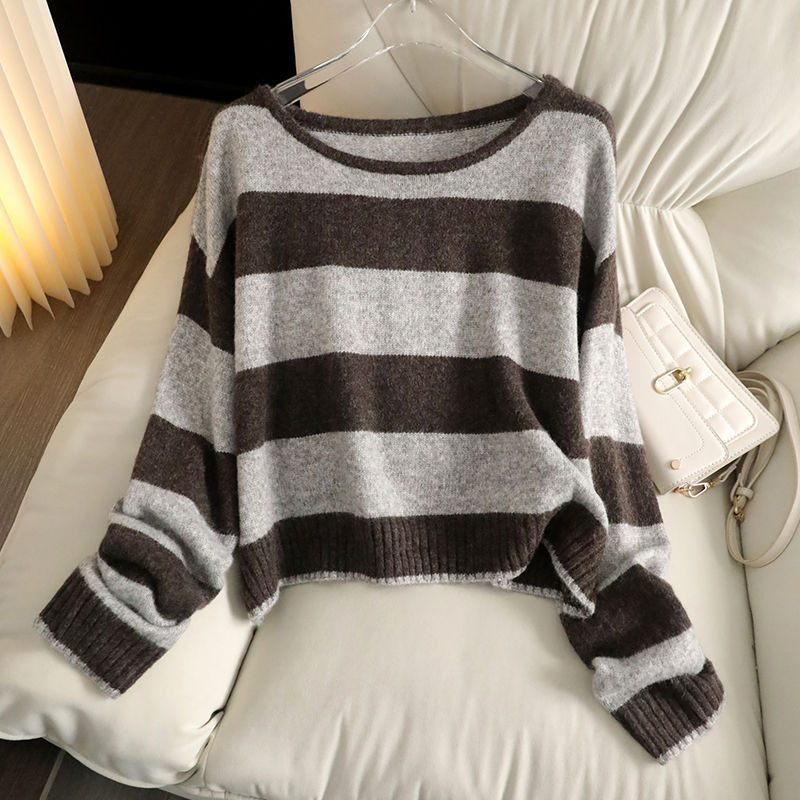 Autumn New Soft and High-Quality Skin-Friendly Fine Contrast Color Lazy Stripesd Loose Long-Sleeved Knitted Bottoming Shirt Tops for Women Autumn New Soft and High-Quality Skin-Friendly Fine Contrast Color Lazy Stripesd Loose Long-Sleeved Knitted Bottoming Shirt Tops for Women