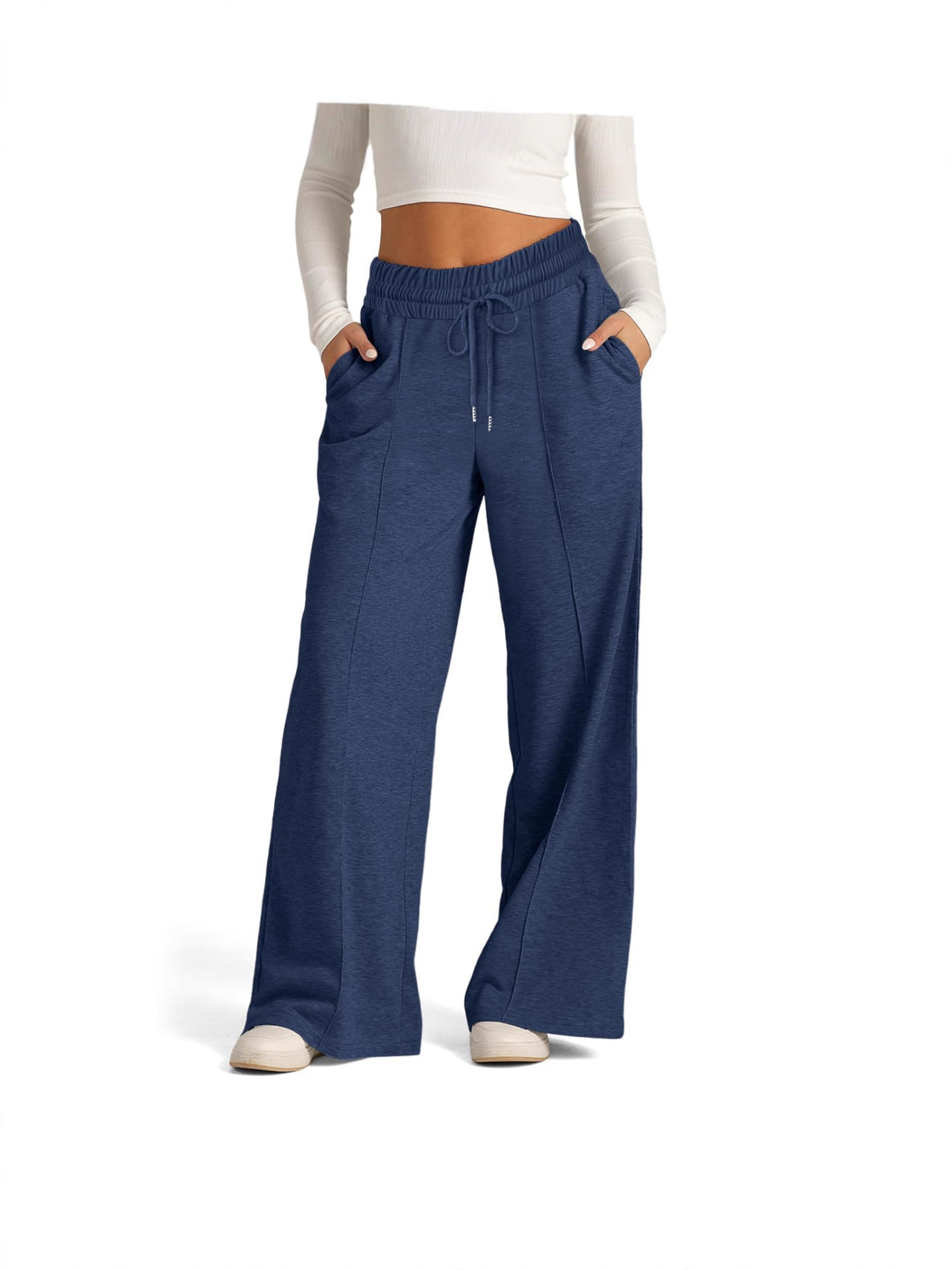 Pantalón Casual Ancho con Cordón de Poliéster Color Sólido para Uso Diario image 4