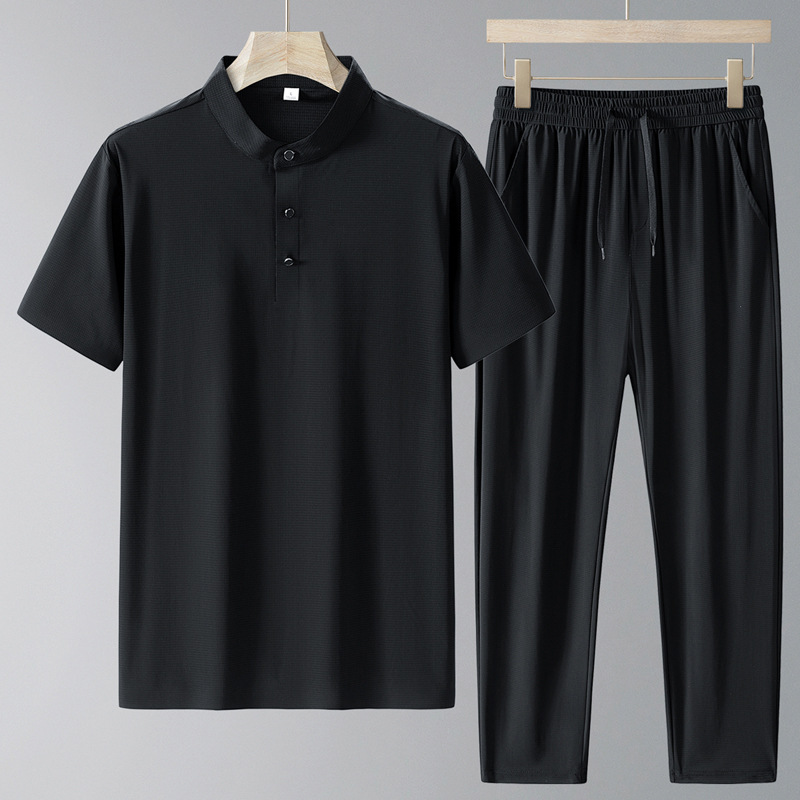 Traje de verano para papá 2025 nueva camiseta de manga corta con cuello alto para hombre de seda de hielo pantalones casuales delgados de secado rápido de verano