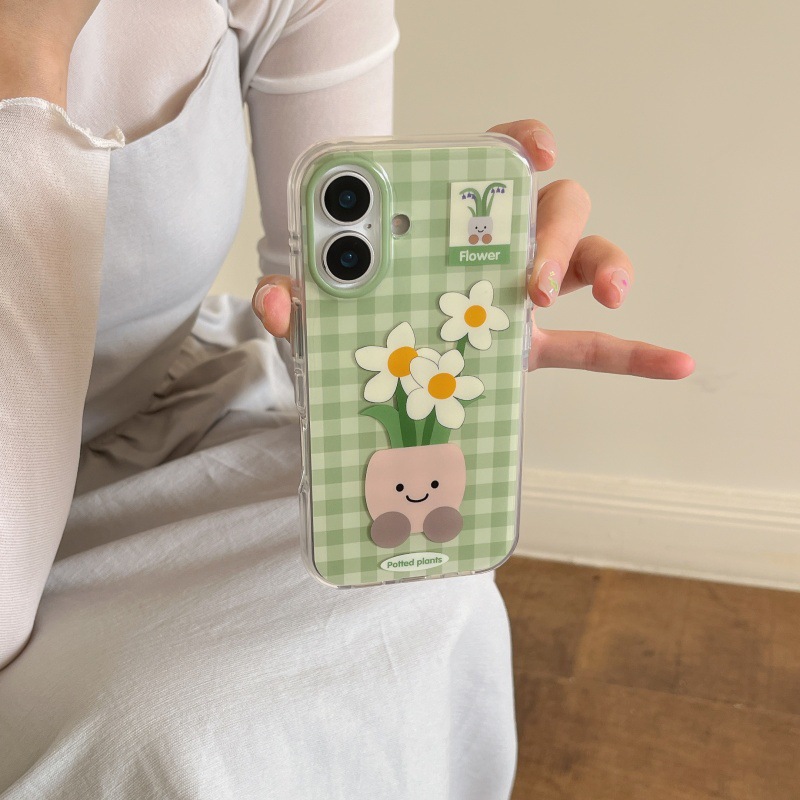 Flores en maceta de cuadros verdes de verano para Apple 16ProMax funda para teléfono móvil 15Pro pareja 14Pro personalidad 13